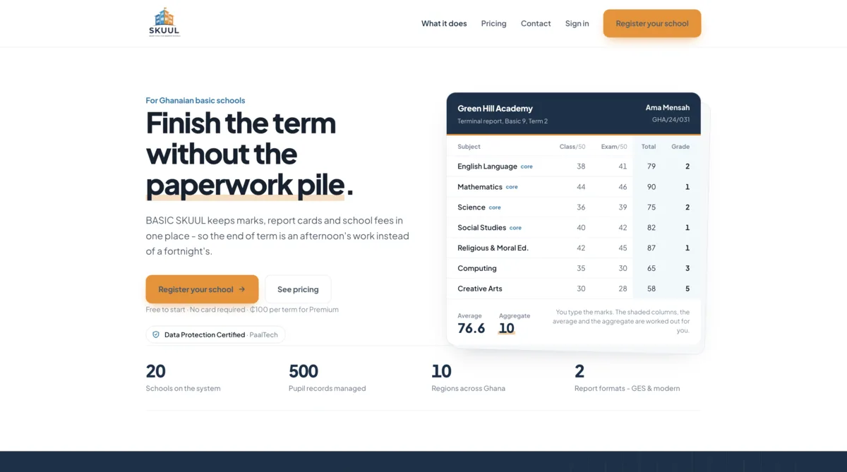 The Basic Skuul website at skuul.paaltech.org with a sample terminal report