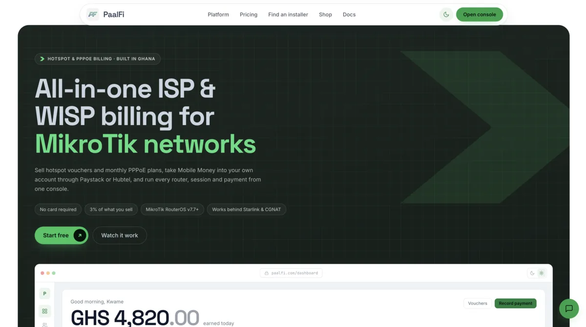 The PaalFi website at paalfi.com: hotspot and PPPoE billing for MikroTik networks